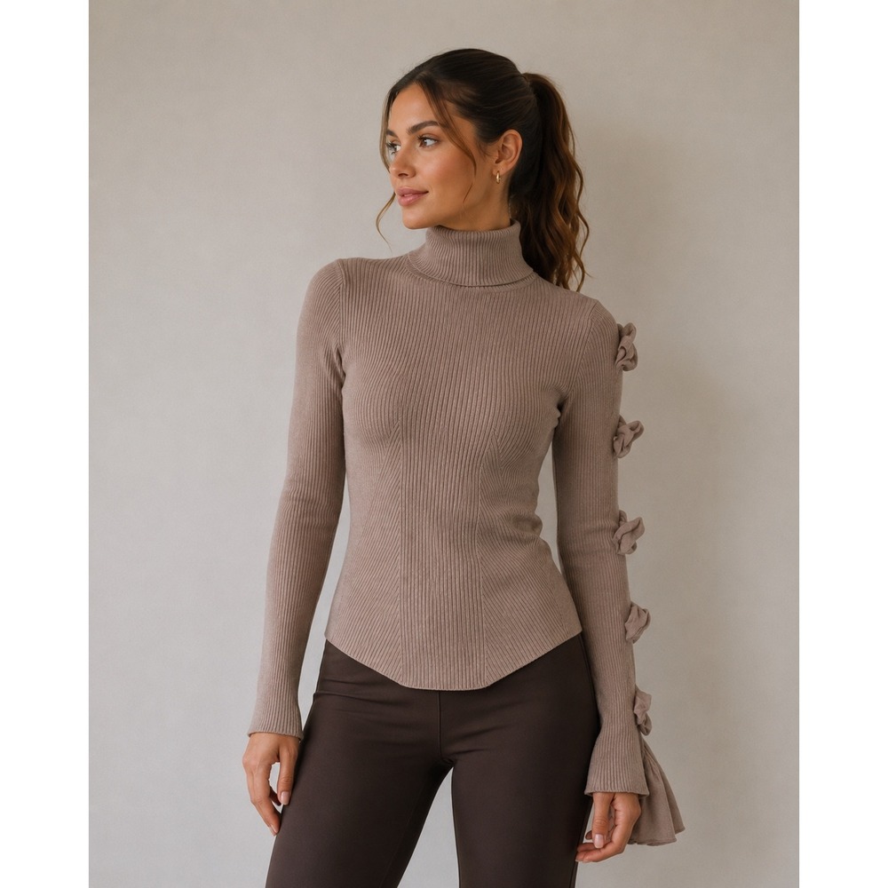 Valentino‎ Ribbed Virgin Wool Silk Turtleneck Ruffle Sleeve Sweater Mauve Italy